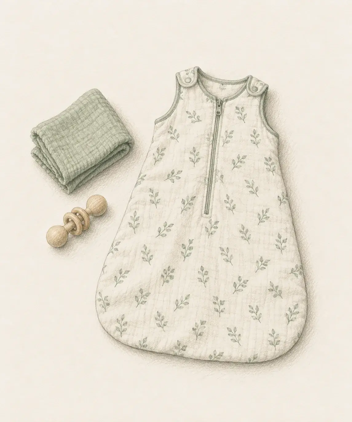 Hand-drawn pencil sketch of a baby sleep sack laid flat with a small two-way zipper, on soft parchment paper.