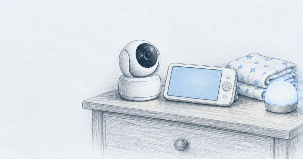 Hand-drawn pencil sketch of a video baby monitor with a pan-tilt camera and a parent screen on a nightstand, beside a folded swaddle and a small night light on cool paper.