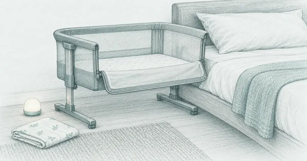 Hand-drawn pencil sketch of a bedside bassinet with mesh sides pulled close to an adult bed, a folded swaddle, and a small night light on mist paper.