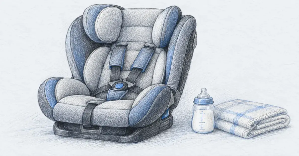 Hand-drawn pencil sketch of a convertible car seat with a five-point harness beside a baby bottle and a folded blanket on cool paper.