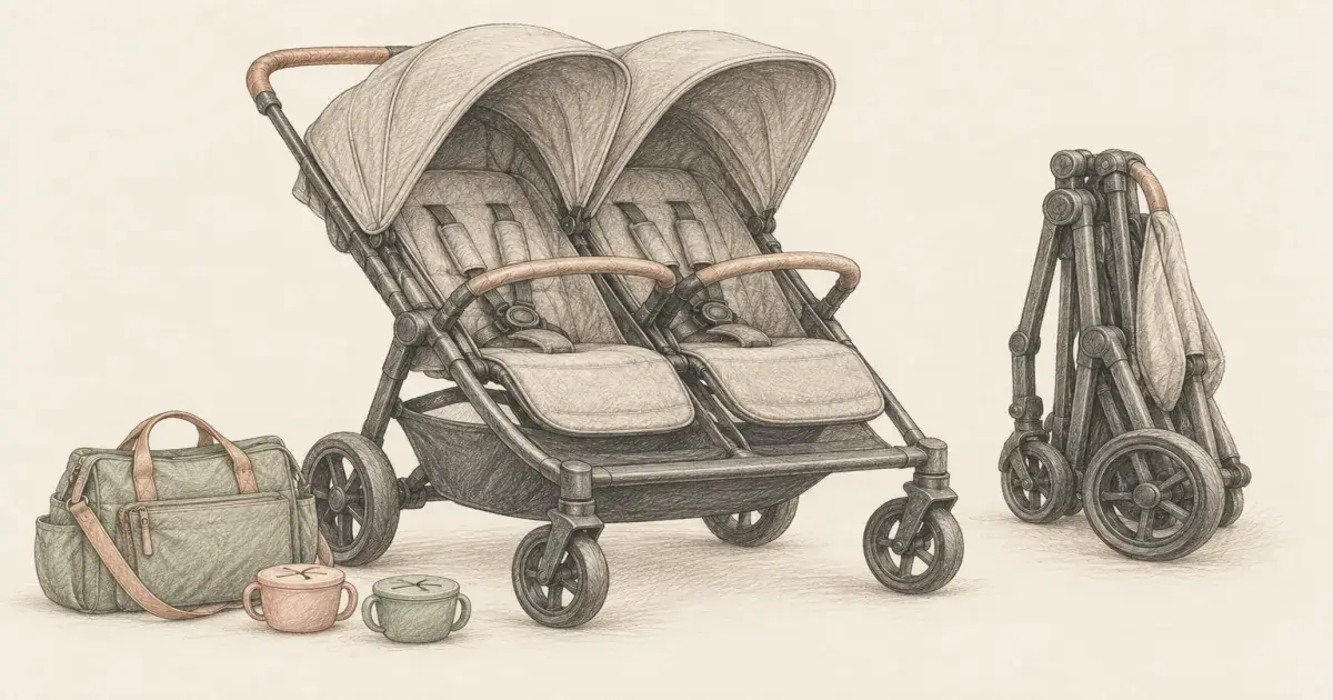 Hand-drawn pencil sketch of a side-by-side double stroller with two canopies and a diaper bag, beside a folded tandem frame on warm cream paper.