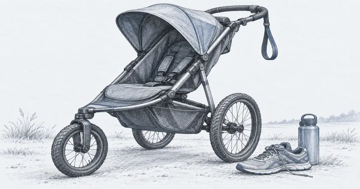 Hand-drawn pencil sketch of a three-wheel jogging stroller with a wrist tether, a water bottle, and running shoes on cool paper.