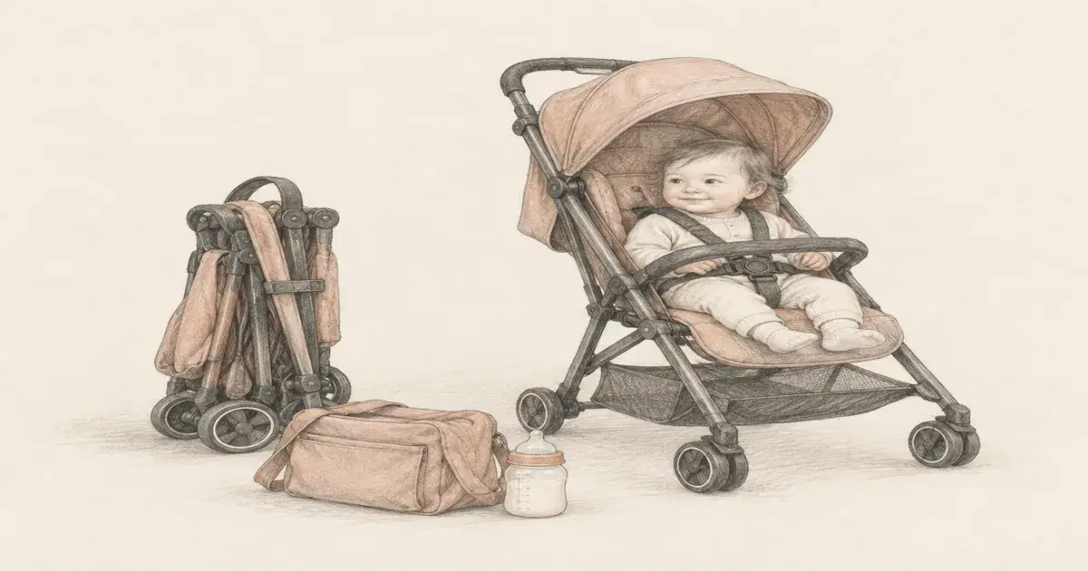 Hand-drawn pencil sketch of a compact travel stroller with a toddler seated inside, alongside a folded stroller, diaper bag, and baby bottle on warm cream paper.