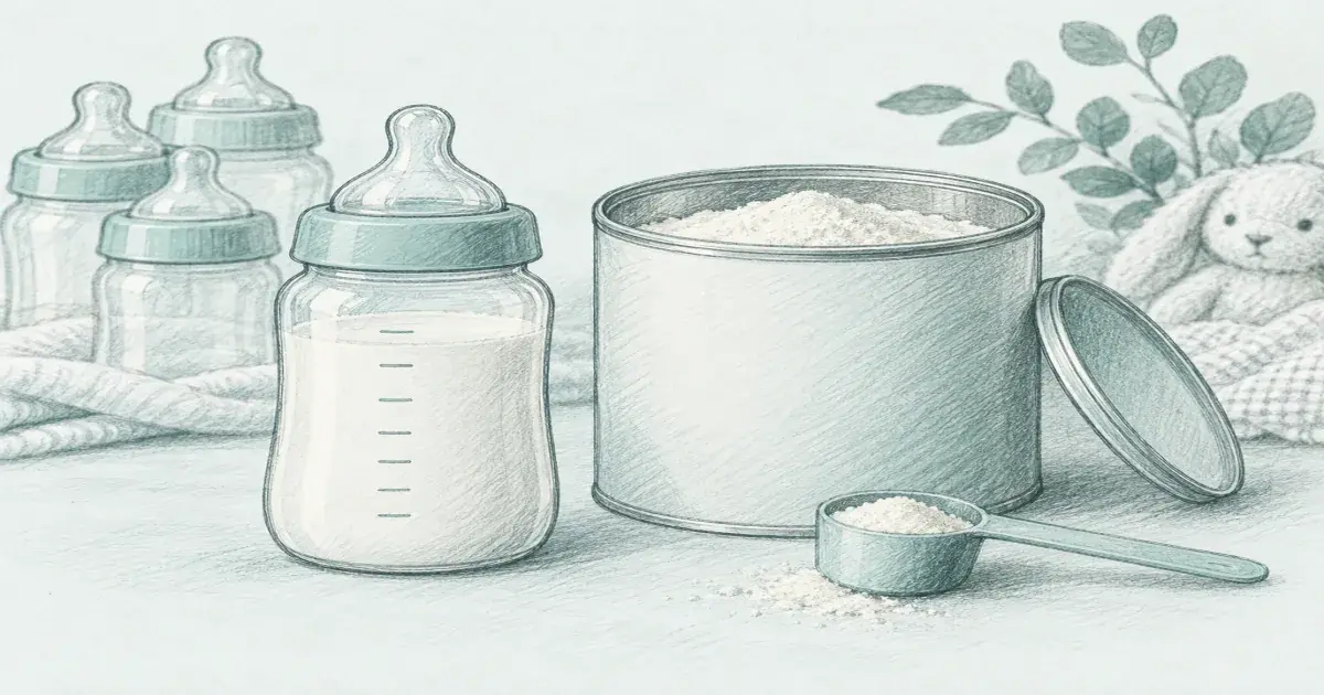 Baby formula calculator beside a bottle and a canister of formula