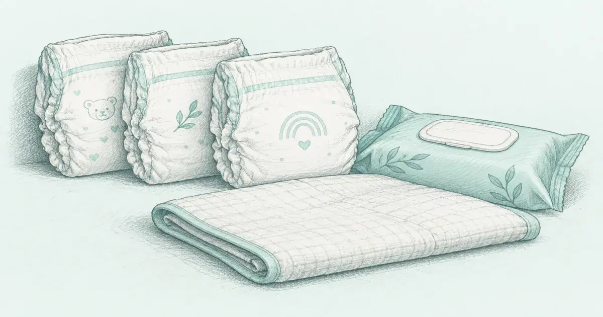 Diaper size calculator beside a pack of diapers and a changing pad