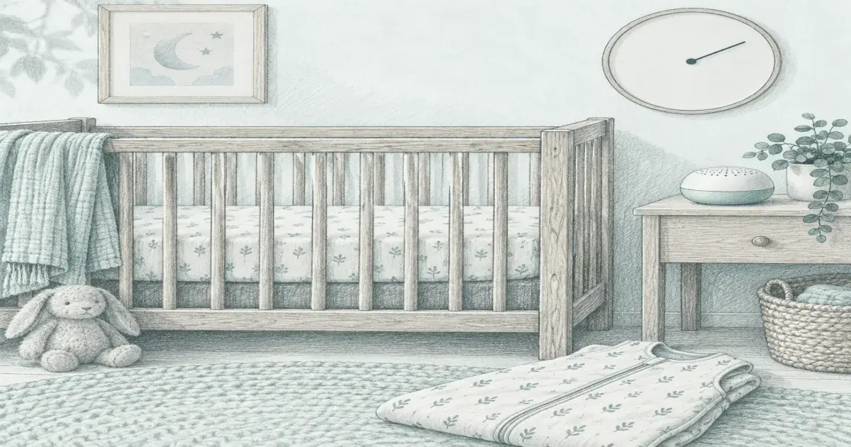 Wake window calculator beside a crib, sleep sack, and sound machine