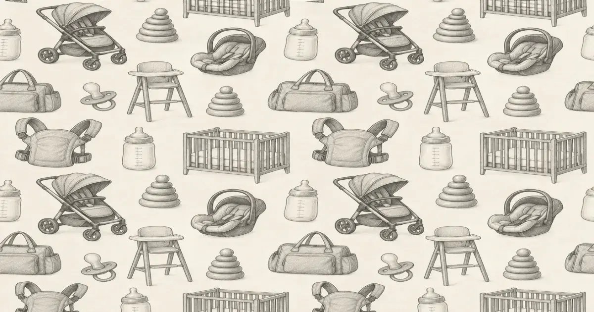 Monochrome pencil sketch pattern of baby and toddler gear on cool cream paper
